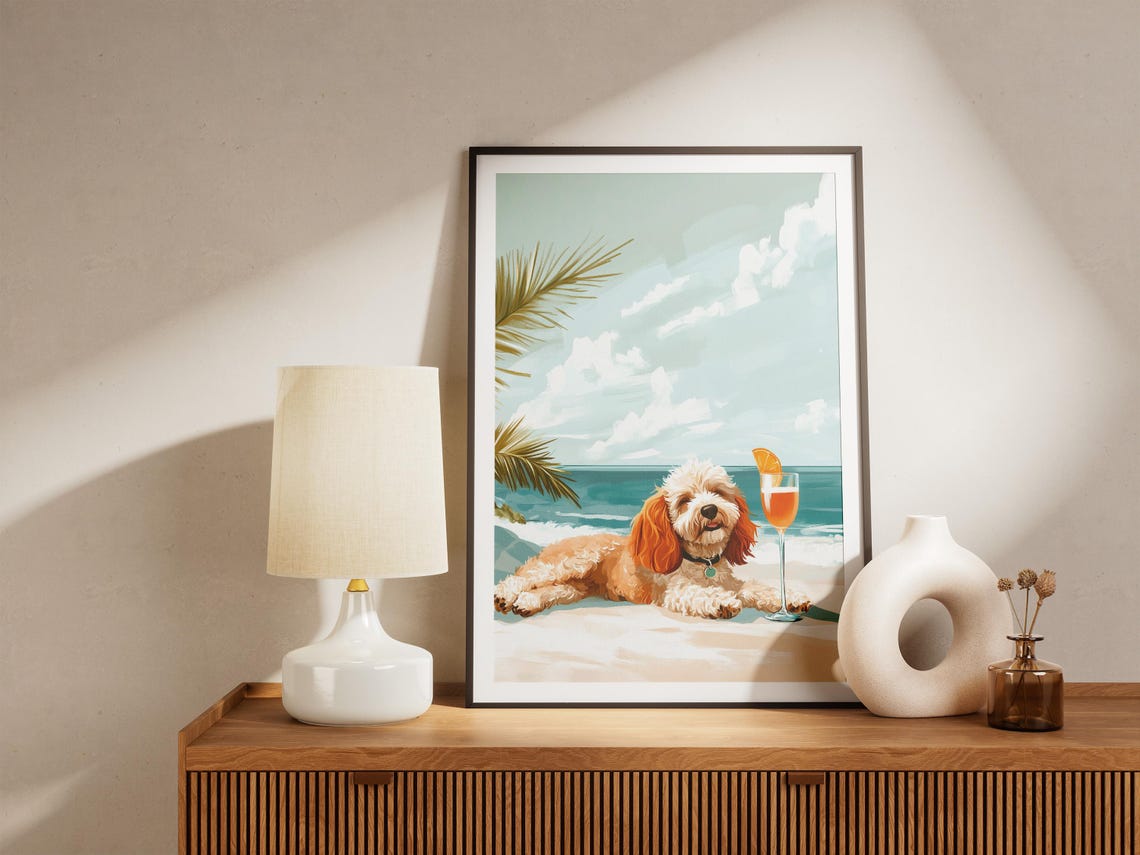 Cockapoo Dog Lounging on the Beach With a Spritz Cocktail Poster - Image 5