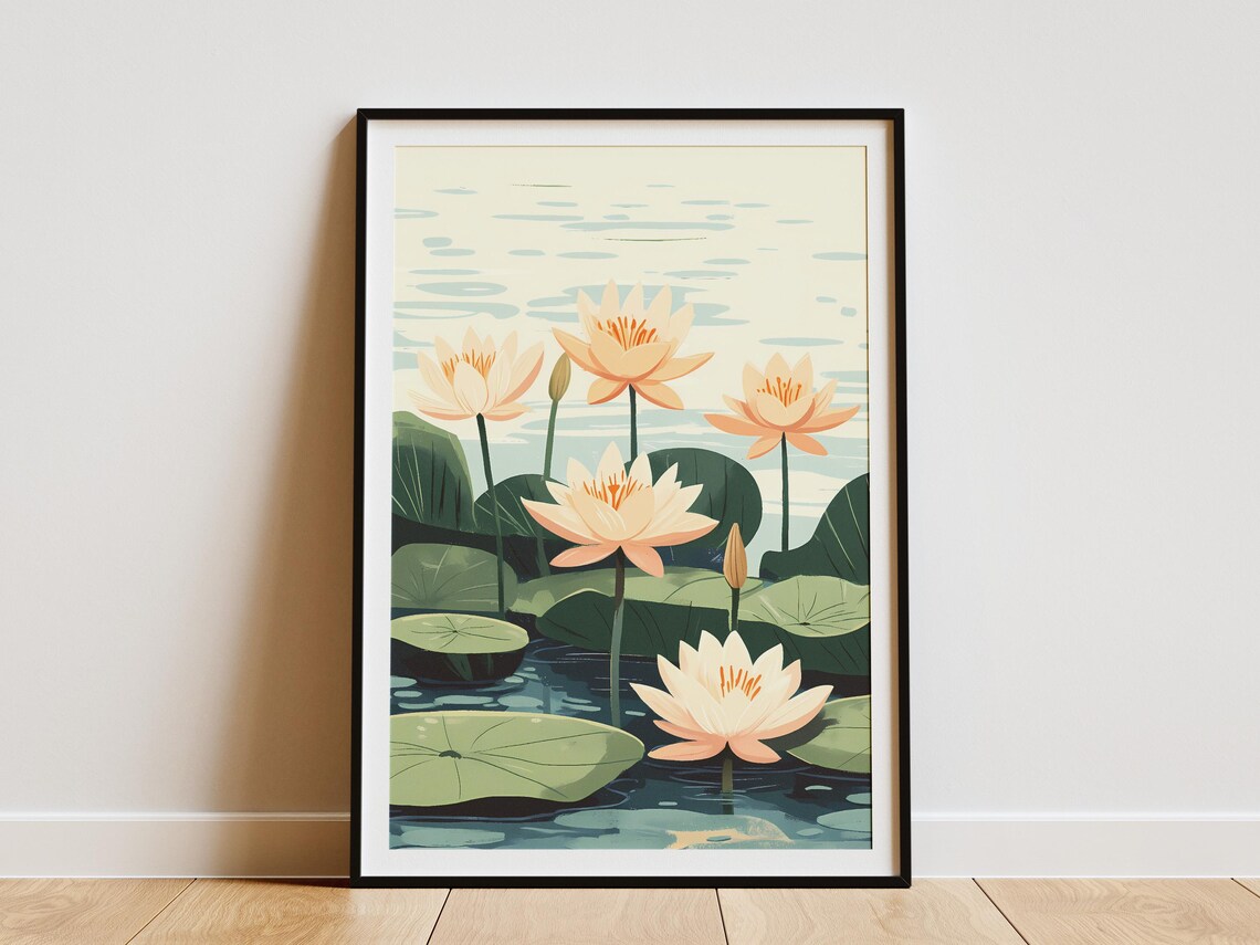Peach Water Lilies On Tranquil Pond Botanical Peaceful Poster