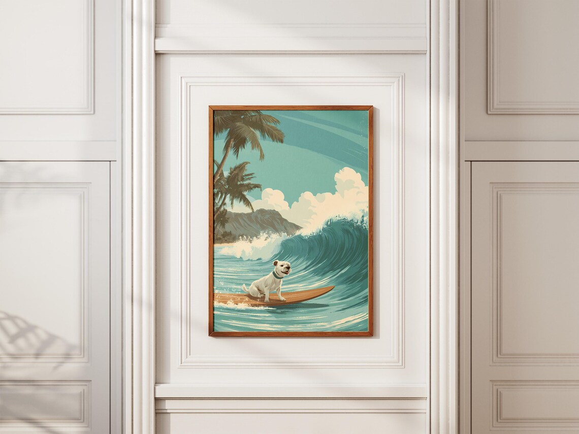 Surfing Dog Riding Big Ocean Wave Palm Tree Beach Travel Poster - Image 2