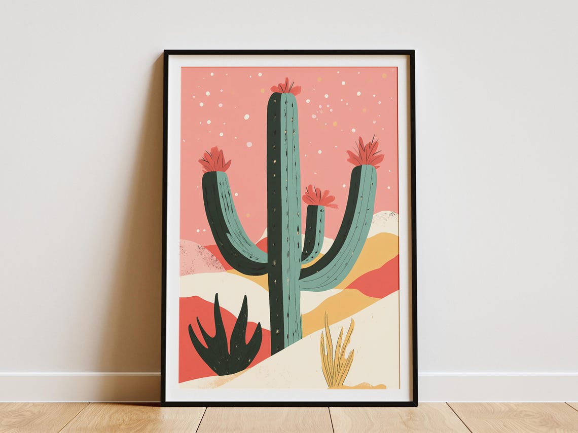 Pink Christmas Cactus Poster with Snowfall and Desert Landscape