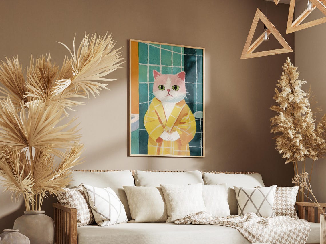 Cute Kitten in Yellow Bathrobe Funny Bathroom Cat Art Humor Poster - Image 3