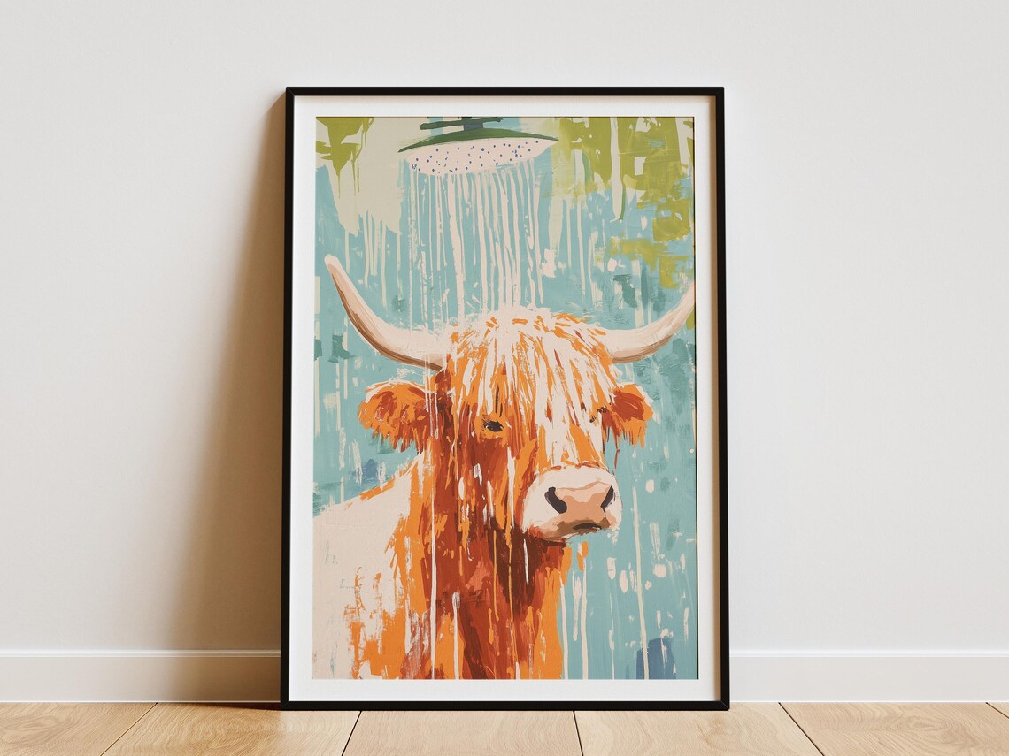 Shaggy Highland Cow Under Shower Head Teal Abstract Farm Poster