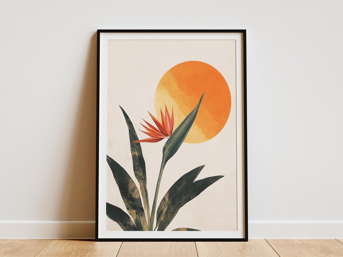 Bird Of Paradise Flower Orange Sun Minimalist Tropical Art Poster