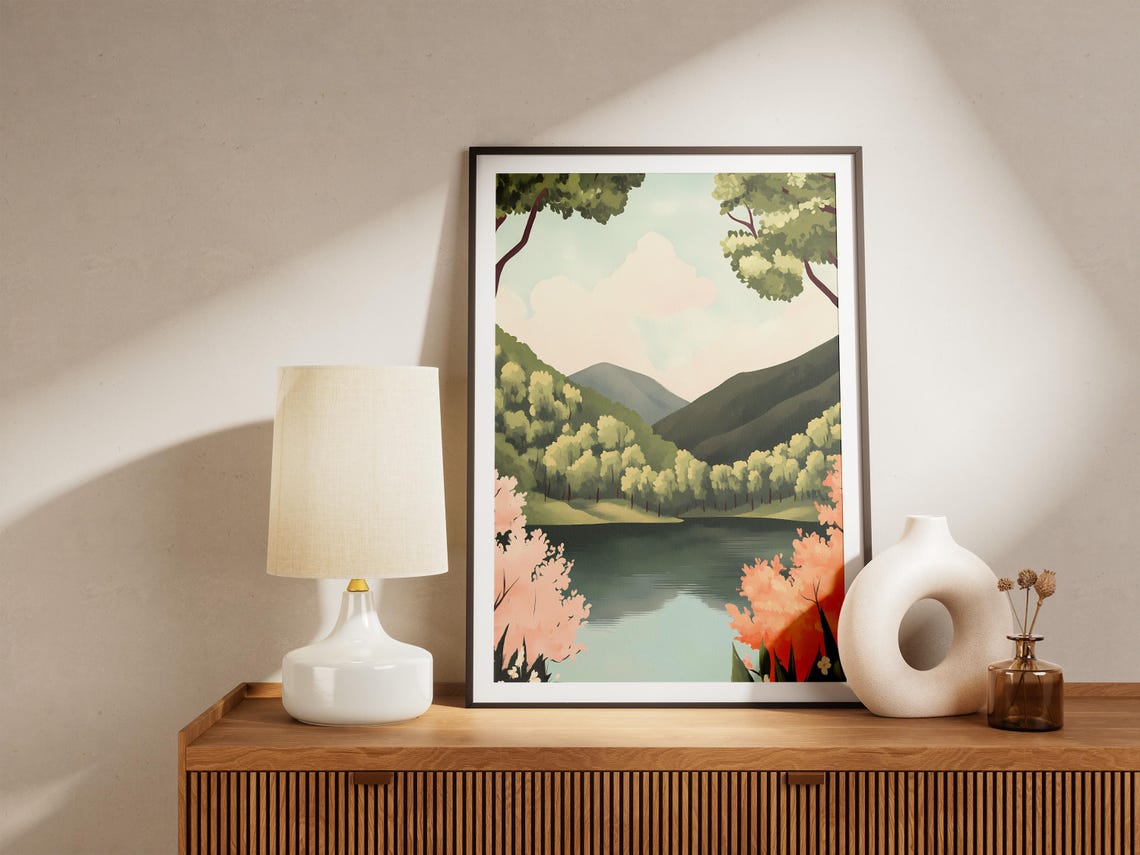 Spring Lake Between Green Hills Framed By Blossom Trees Poster - Image 5