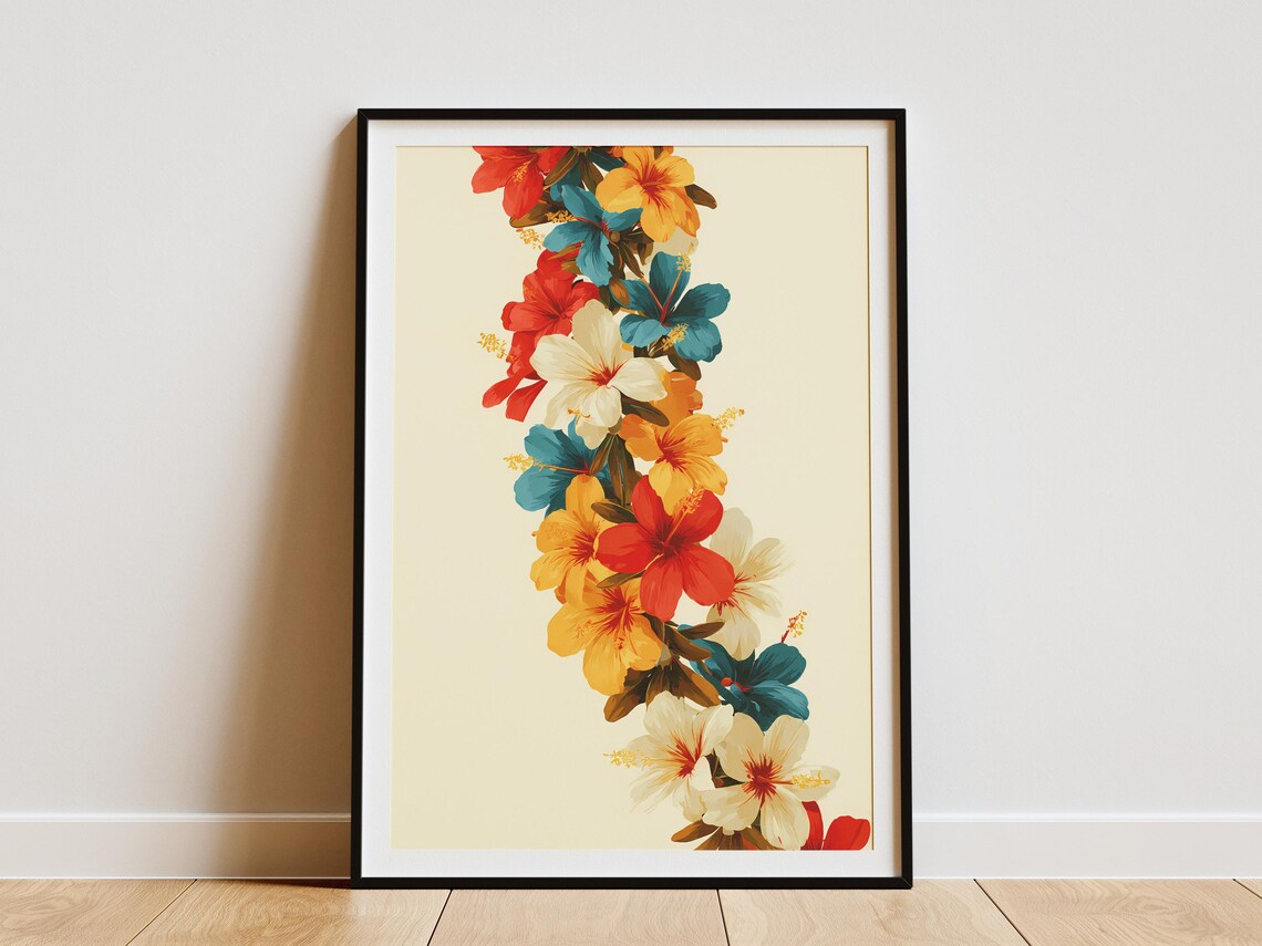 Hibiscus Lei Garland Vertical Multicolor Floral Cream Art Poster