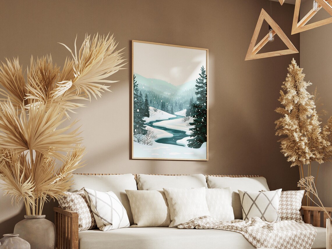 Snowy Teal Forest River Winter Landscape Falling Snow Poster - Image 3
