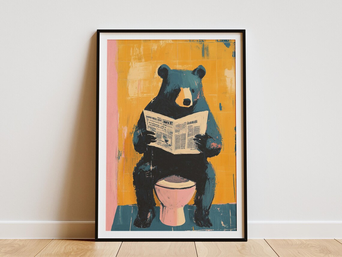 Humorous Bear On Toilet Reading Newspaper Art Print