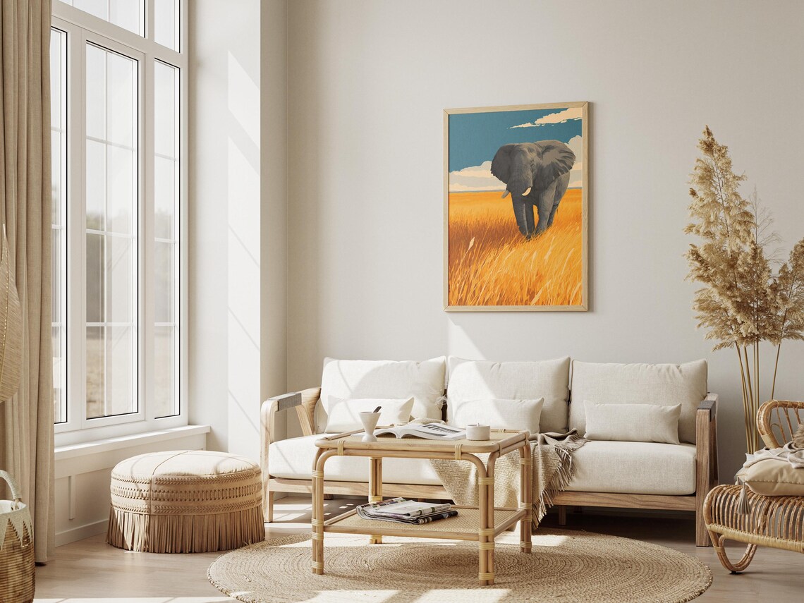 Majestic Elephant in Golden Grasslands Safari Wildlife Art Poster - Image 3