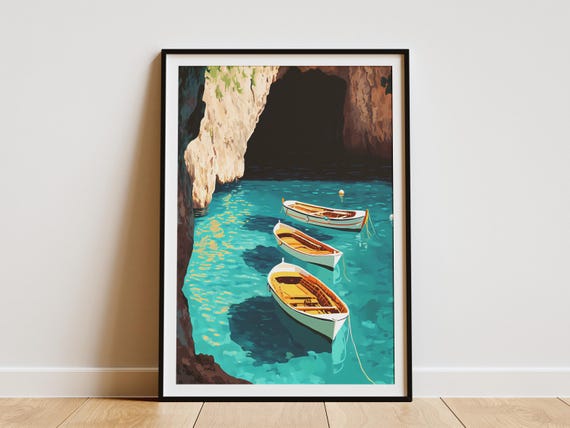 Mediterranean Sea Boats Poster Turquoise Water Print Summer Vacation Wall Art Coastal Decor Nautical Themed Artwork Crystal Clear Water