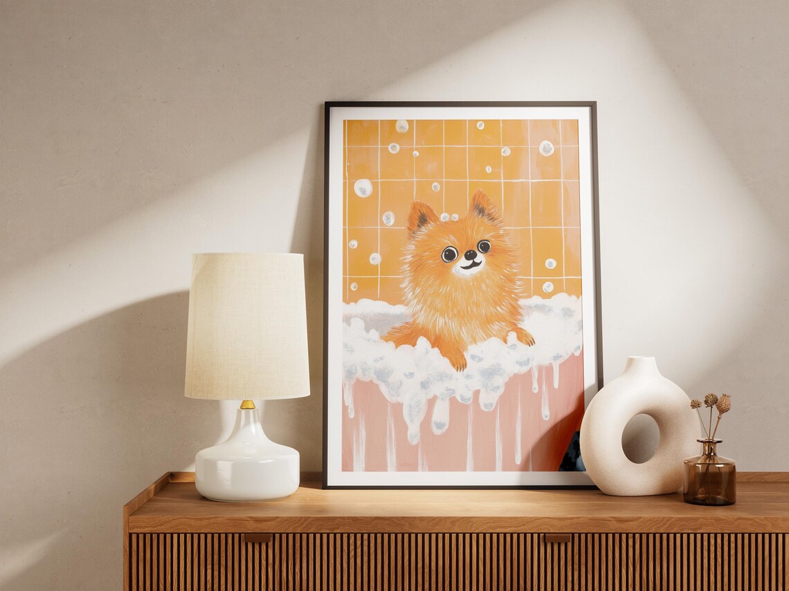 Pomeranian Puppy in Foamy Bubble Bath Orange Tile Cute Dog Wall Poster - Image 4