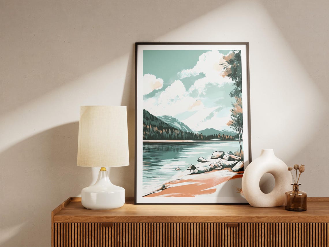 Lake Poster Peaceful Lake Poster Nature Art Print Landscape Wall Art Calm Lake Scene Modern Lake Print Abstract Lake Green Lake Poster - Image 5