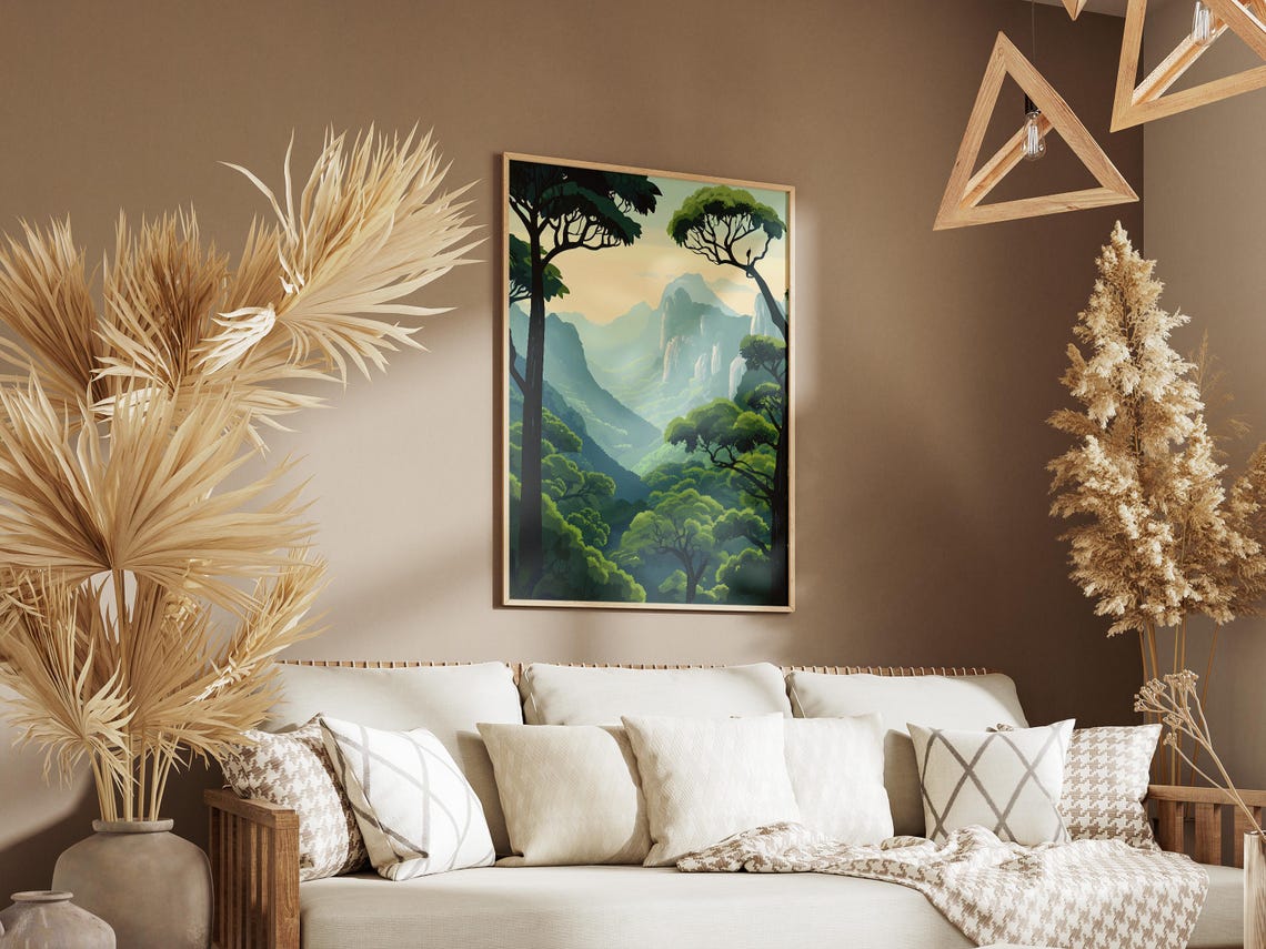 Misty Green Forest Mountains With Tall Trees Minimalist Poster - Image 3