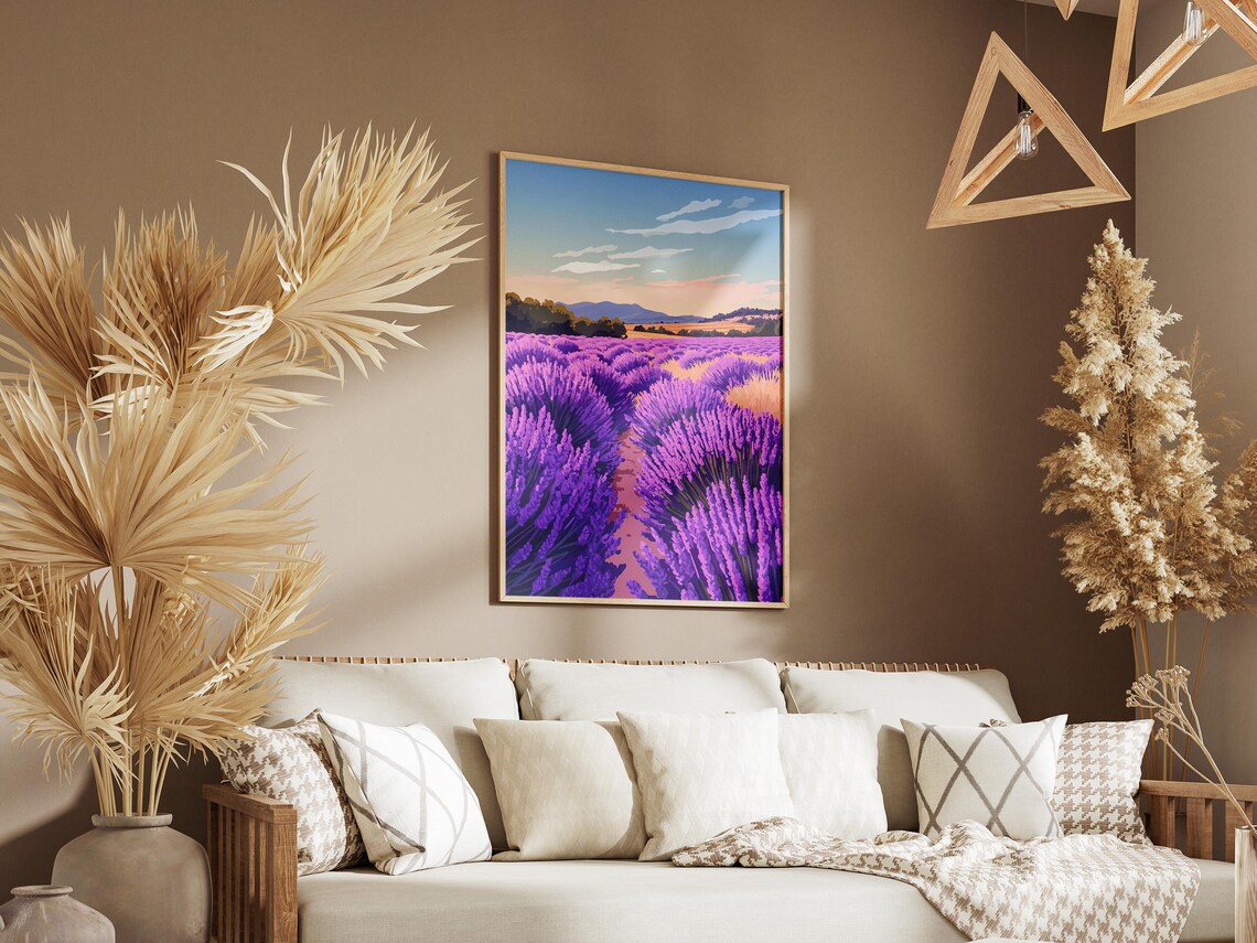 Purple Lavender Field Rows At Dawn Calm Landscape Art Poster - Image 3