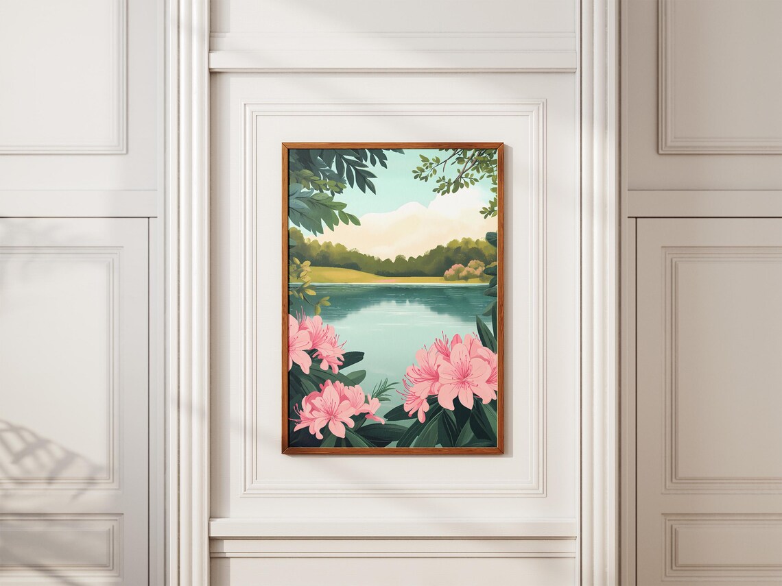 Blooming Pink Azalea Blossoms Calm Lakeside Garden Floral Poster - Image 2