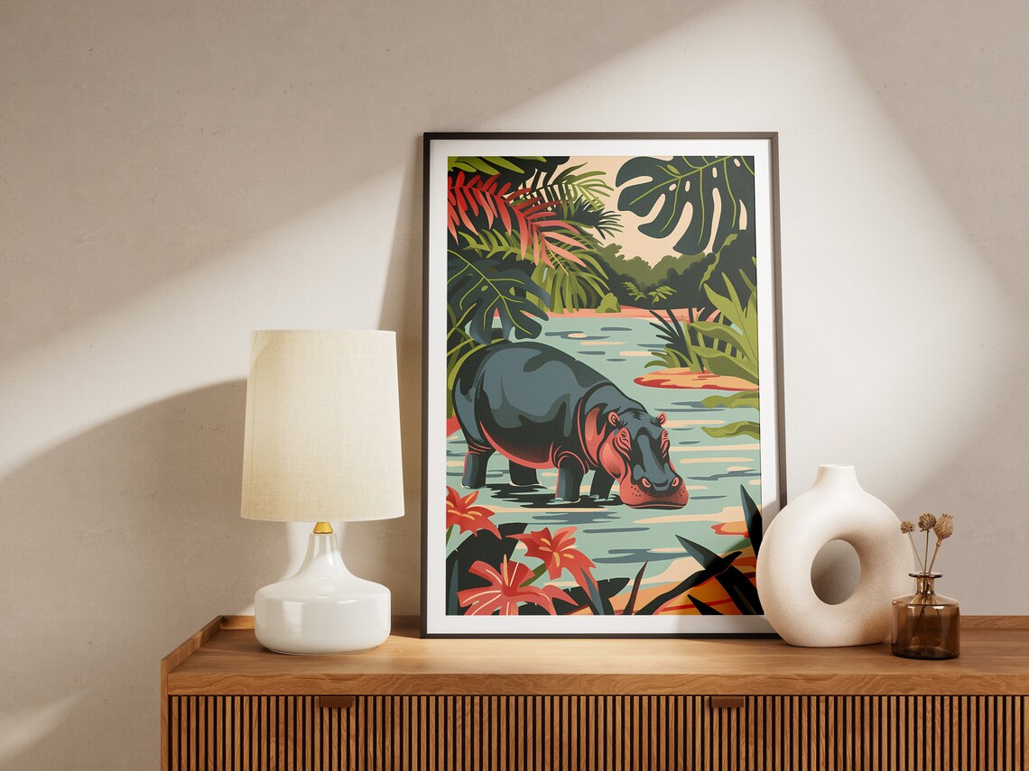 Hippopotamus River Tropical Jungle Wildlife Colorful Nature Poster - Image 2