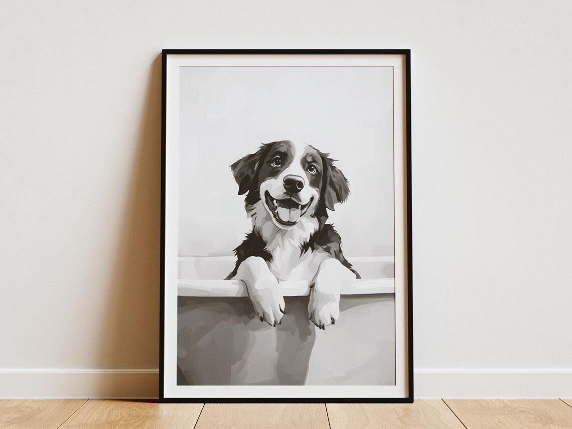 Bernese Mountain Dog In Bubble Bath Black White Funny Poster
