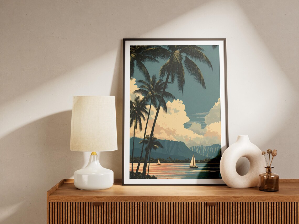 Hawaiian Beach Sunset Palm Trees Sailboats And Mountain Coast Poster - Image 4