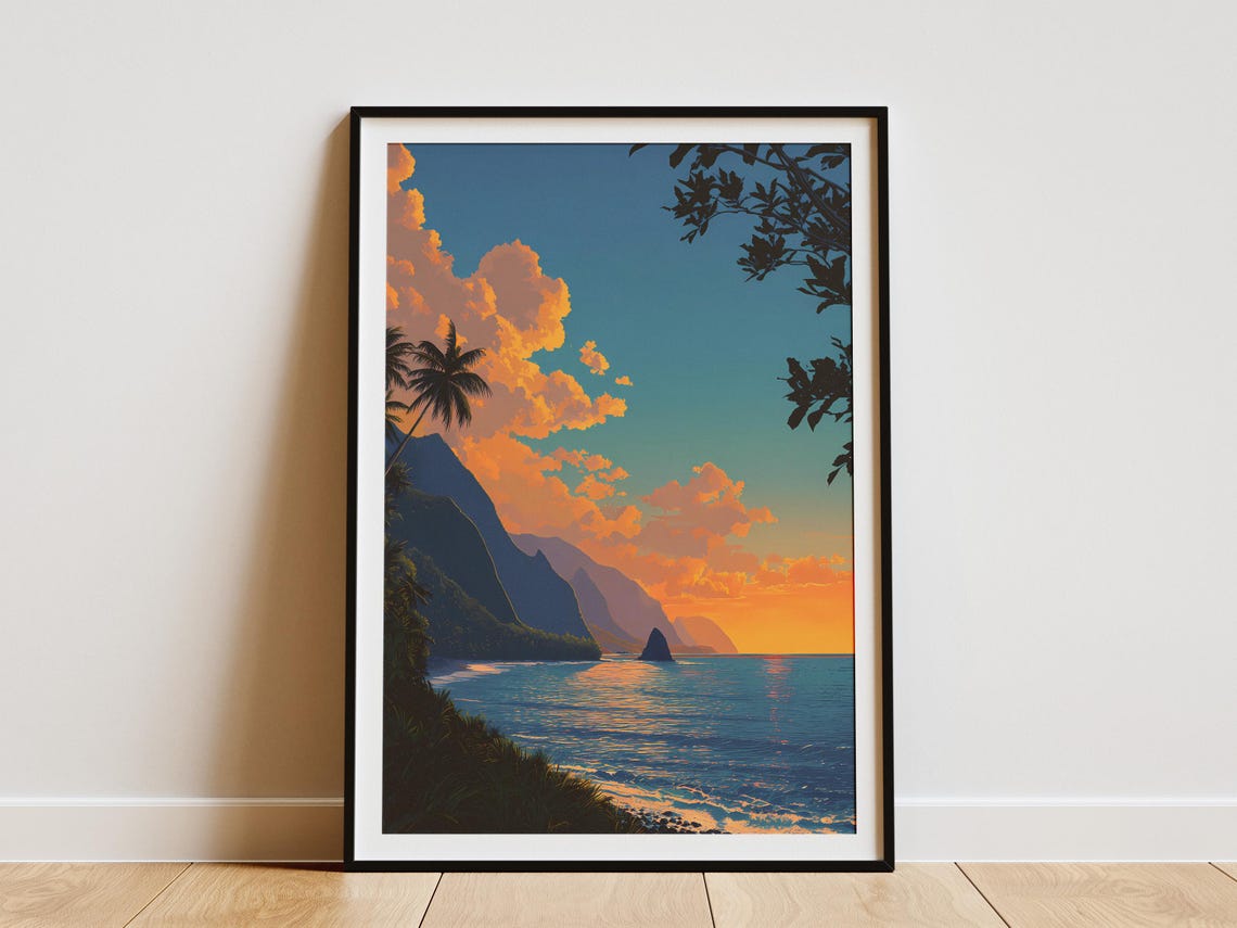 Molokai Sunset Dramatic Orange Clouds Over Ocean Coastline Poster