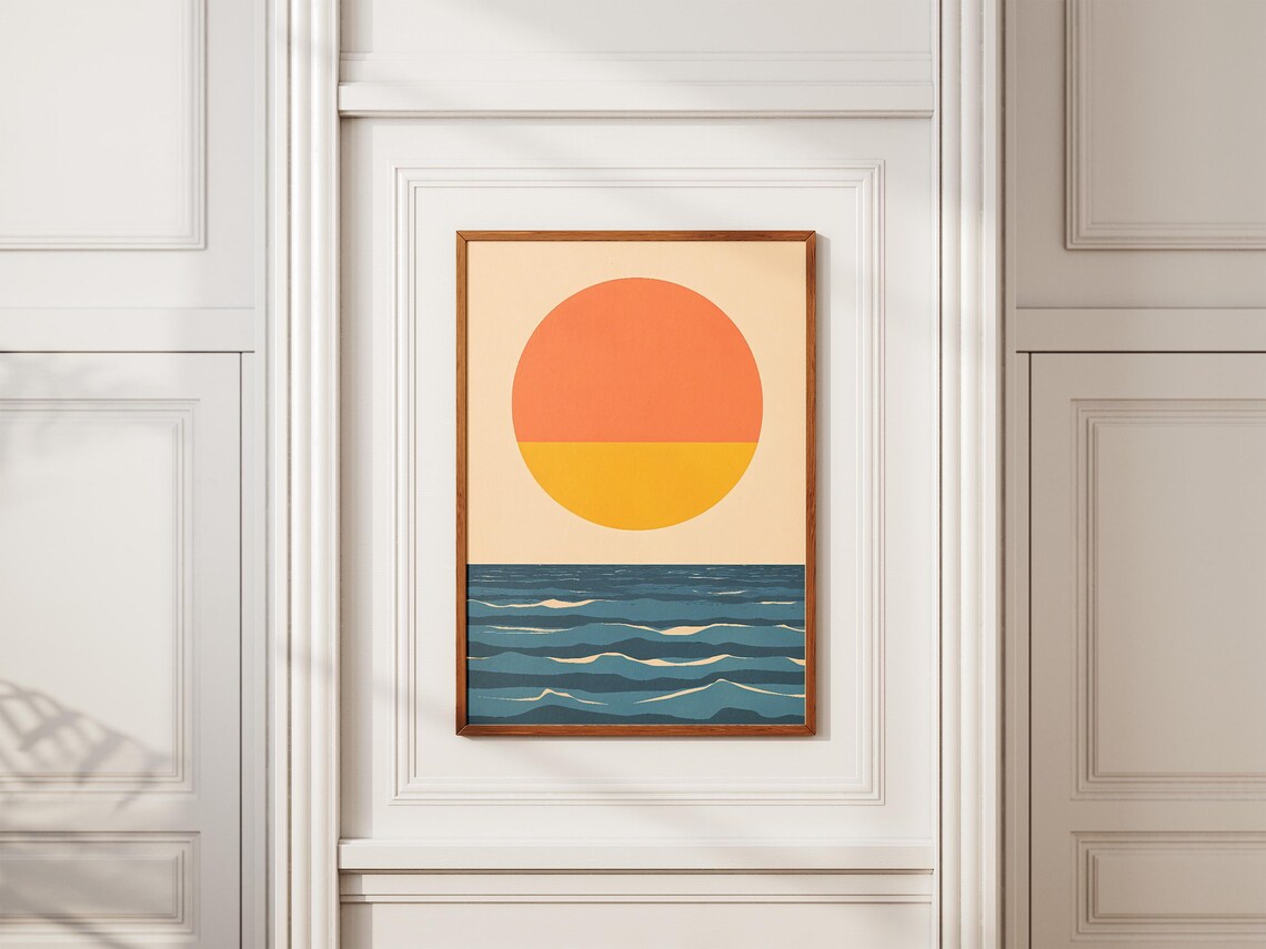 Two-Tone Sun over Layered Ocean Waves Mid-Century Modern Poster - Image 2