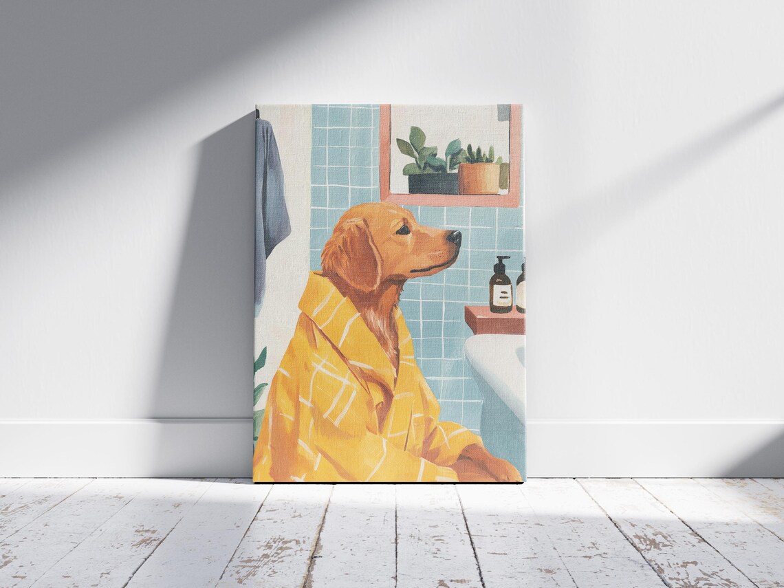 Golden Retriever in Yellow Plaid Bathrobe Calm Spa Day Poster - Image 2