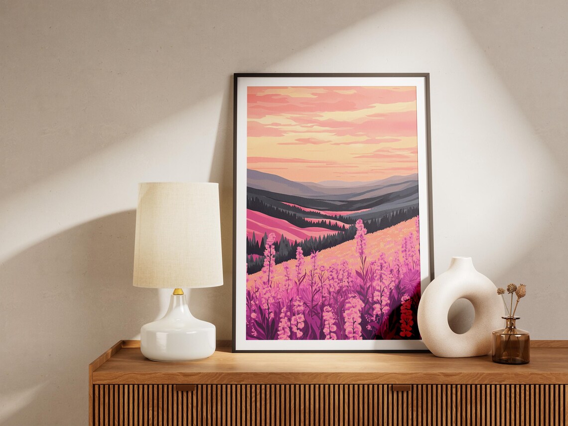 Pink Fireweed Valley Sunset Landscape Poster with Mountain View - Image 5