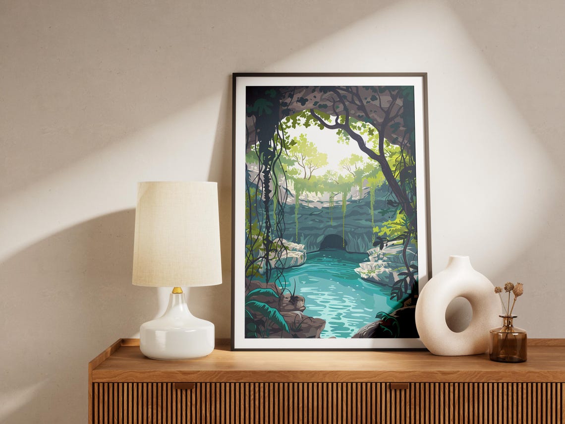 Yucatan Cenote Mexico Travel Poster Minimalist Art Print Jungle Nature Illustration Wall Decor - Image 2