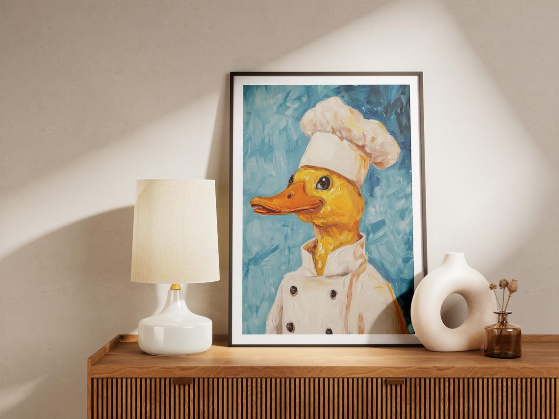 Duck Chef Art Print Funny Kitchen Decor Whimsical Animal Portrait Chefs Hat Wall Quirky Poster Cute Home - Image 4