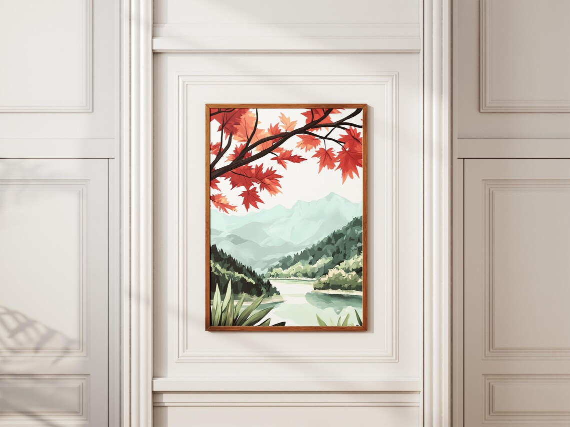 Fiery Red Maple Leaves Over a Misty Mountain Lake Autumn Poster - Image 2