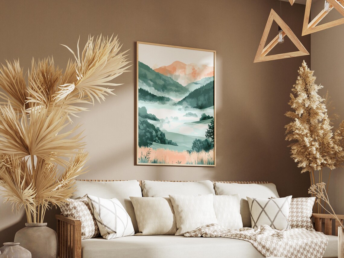 Misty Mountain Valley At Dawn Soft Watercolor Landscape Poster - Image 3