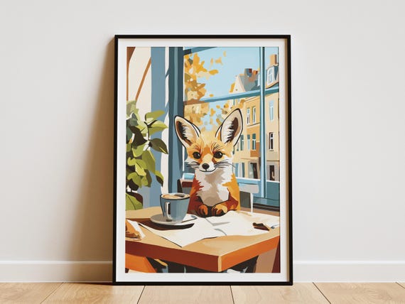Fennec Fox Cafe Art Print Matisse Style Coffee Lover Gift Animal Poster Whimsical Wall Decor Cute Illustration Cozy Scene Home