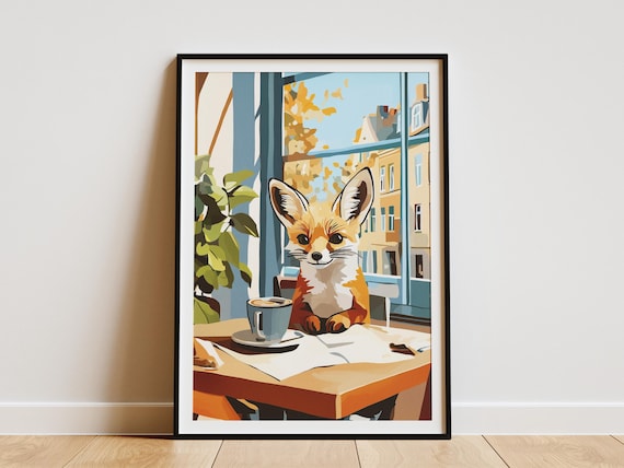 Fennec Fox with Coffee and Newspaper at a Sunny Cafe Table Poster