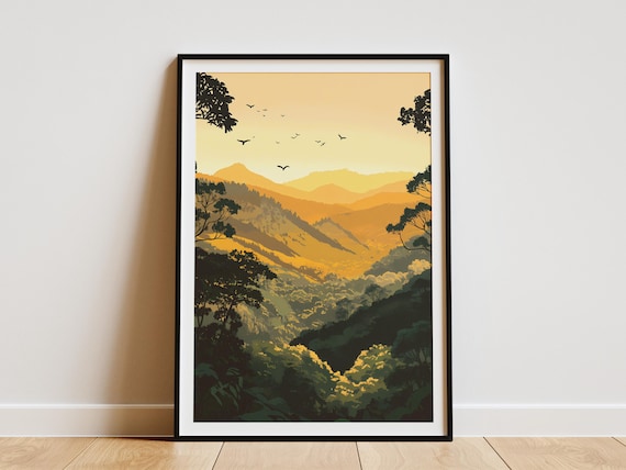Warm Golden Mountain Valley Sunset Birds Retro Landscape Poster