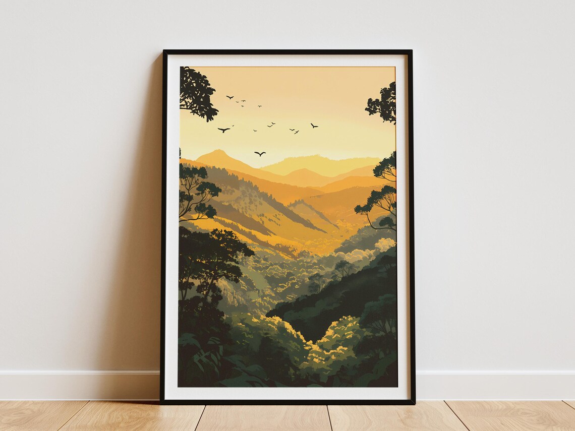 Warm Golden Mountain Valley Sunset Birds Retro Landscape Poster