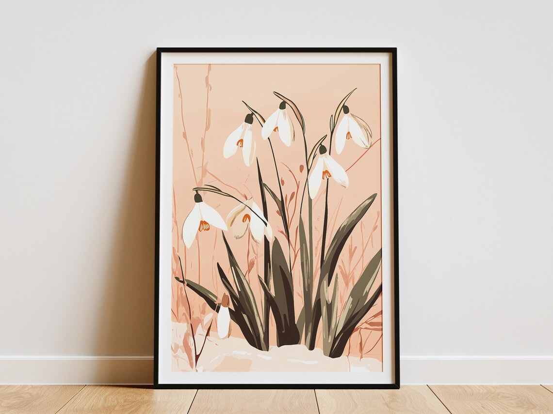 White Snowdrop Blooms Against a Soft Peach Minimalist Backdrop Poster