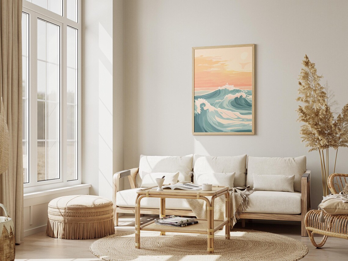 Teal Ocean Waves Under a Peach Sunset Sky Coastal Art Poster - Image 4