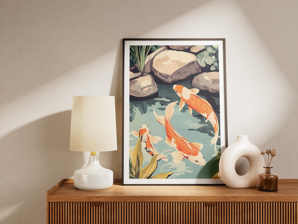 Three Orange Koi Fish Swimming in a Garden Pond Japanese Art Poster - Image 5
