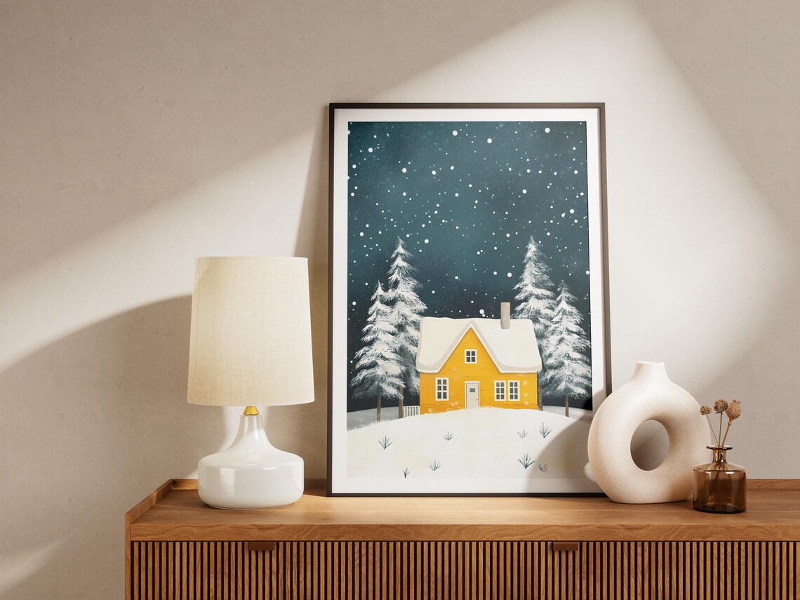 Bright Yellow Cottage Snowy Night Winter Forest Cabin Poster - Image 5