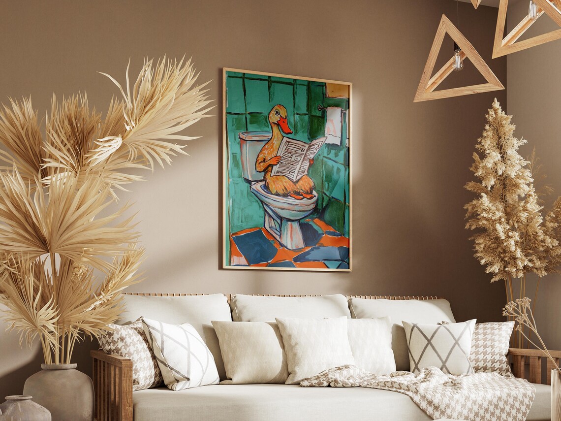 Duck on Toilet Reading Newspaper Teal Bathroom Funny Animal Poster - Image 3