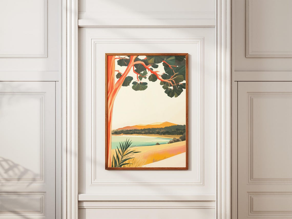 Golden Sunset Beach Cove Framed by Tree Branches Scenic Poster - Image 2