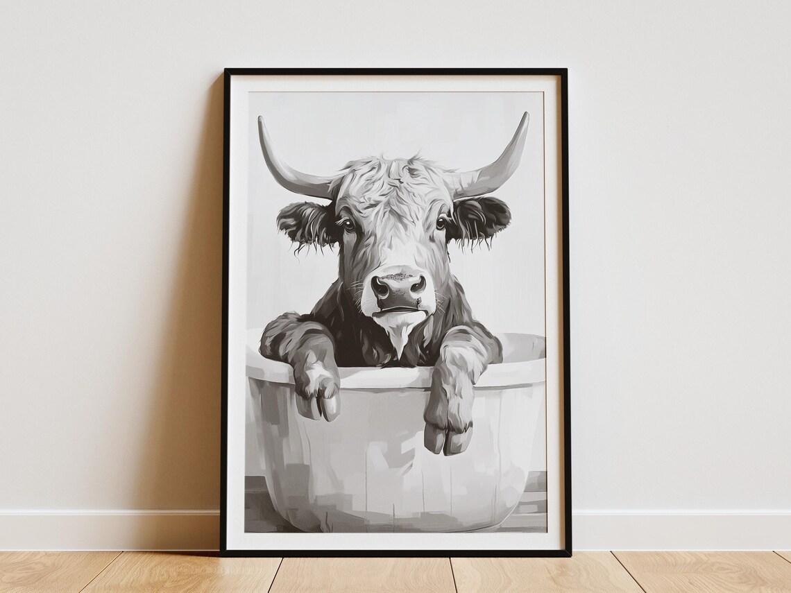 Highland Cow in Bathtub Black and White Funny Bathroom Decor Poster