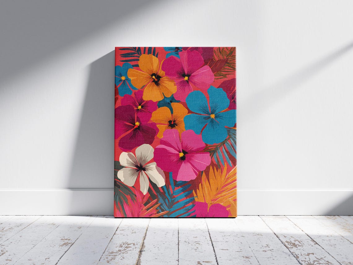 Bold Pop Art Hibiscus Flower Pattern Colorful Tropical Wall Art - Image 2