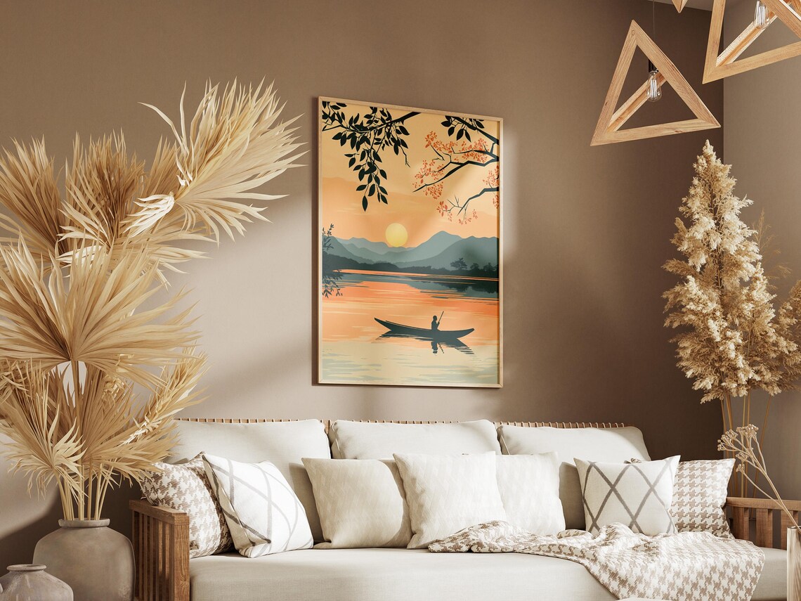 Inle Lake Myanmar Sunset Lone Fisherman Canoe Silhouette Poster - Image 3