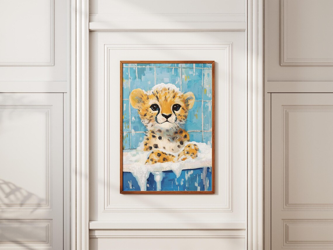 Wide-Eyed Baby Cheetah Cub Sitting in a Foamy Bubble Bath Poster - Image 2