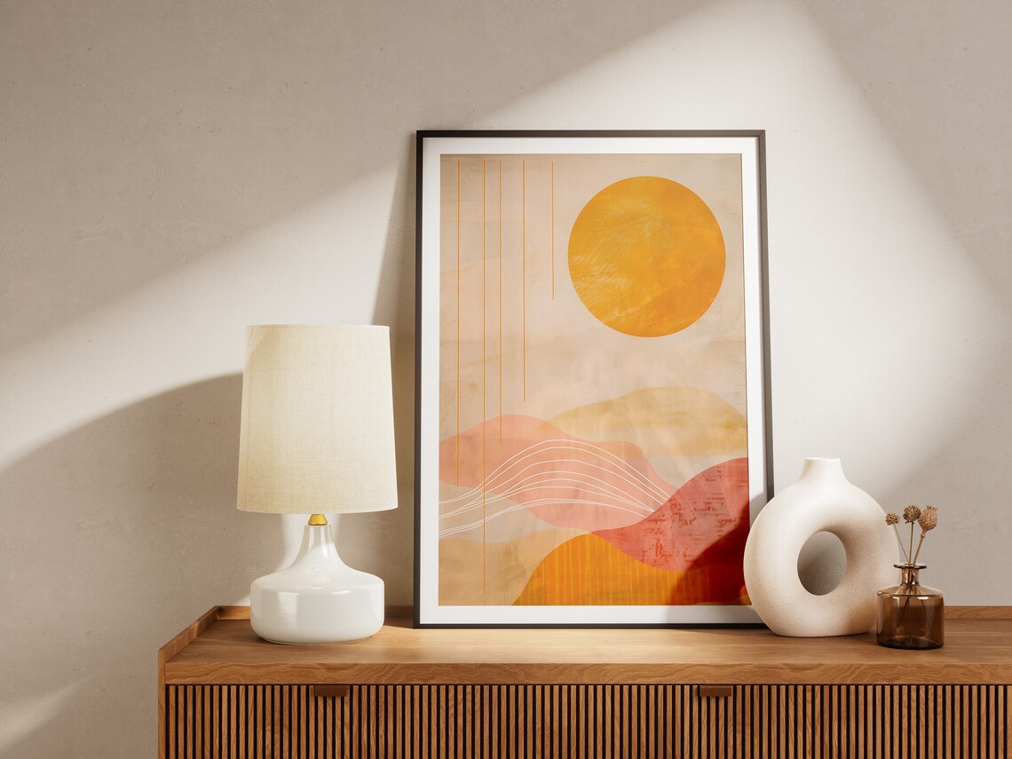 Bold Orange Sun and Blush Hills With Fine Line Detail Poster - Image 2