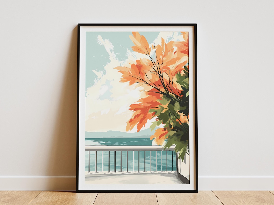 Coastal Balcony Overlooking the Sea With Orange Leaves Poster