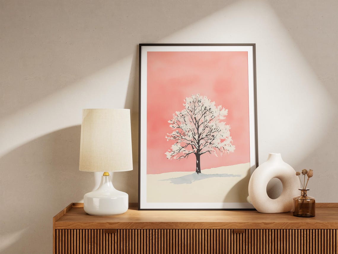 Lone Snowy Tree Under Soft Pink Sky Minimalist Watercolor Poster - Image 4