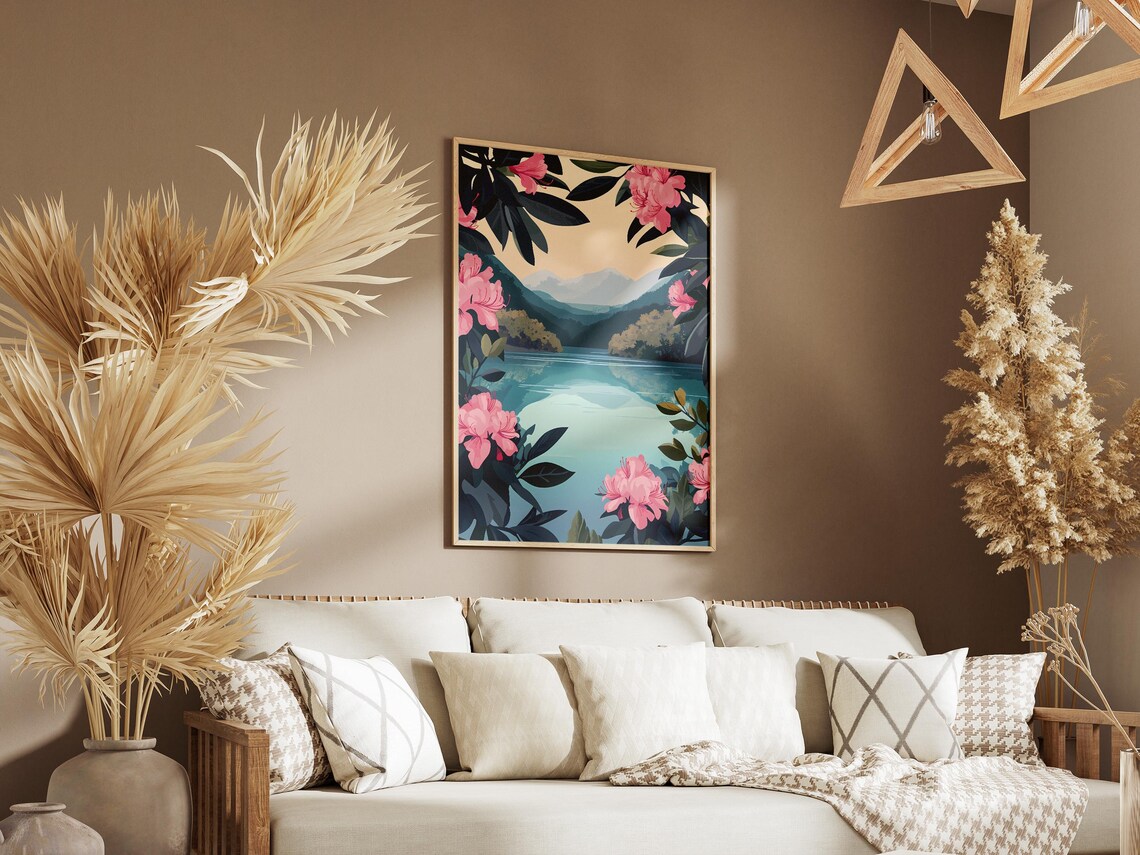 Mountain Lake Pink Rhododendron Natural Frame Scenic Art Poster - Image 3