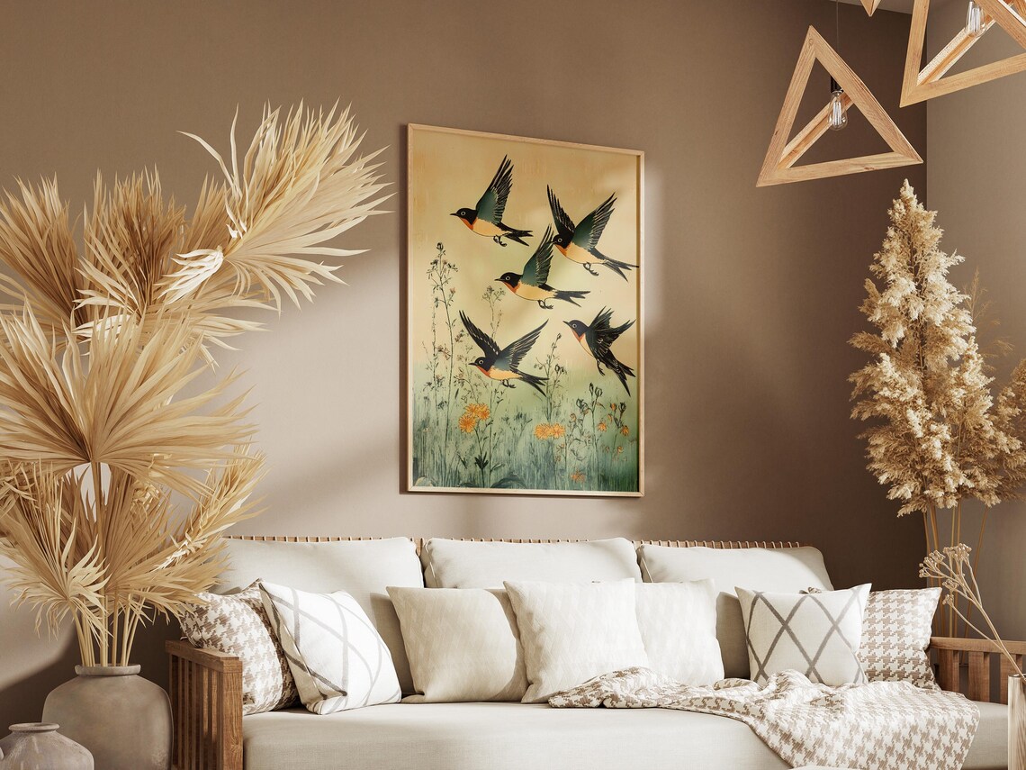 Five Barn Swallows Flying Over Wildflower Meadow Vintage Poster - Image 3