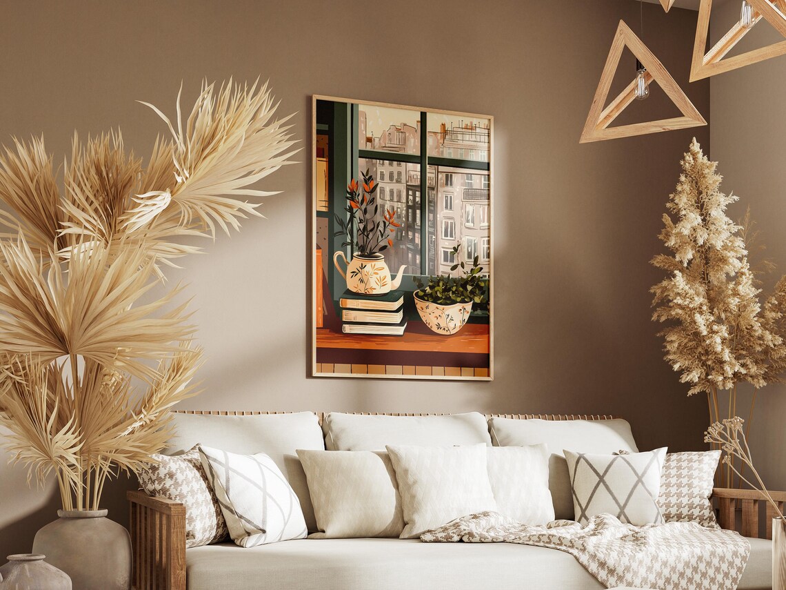 Teapot Planter Stacked Books City Window Botanical Still Life Poster - Image 3