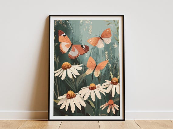 Orange Butterfly Coneflower Botanical Print Summer Floral Wall Art Butterfly Meadow Poster Nature Insect Illustration Home Decor Orange